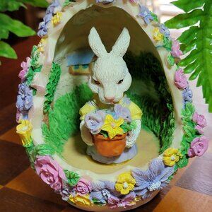 Bunny Bringing Flowers in Floral Decorated Egg Figurine